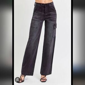 Risen High Rise Cargo Pocket Wide Jeans Size 9 29 RDP5534 BLACK